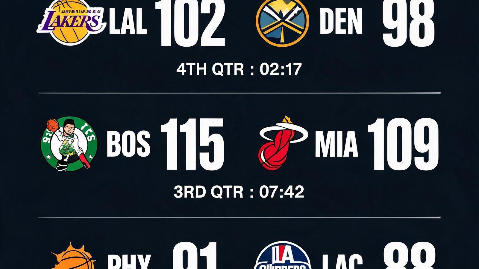NBA实时比分界面，显示多场比赛即时分数、时间、球队Logo