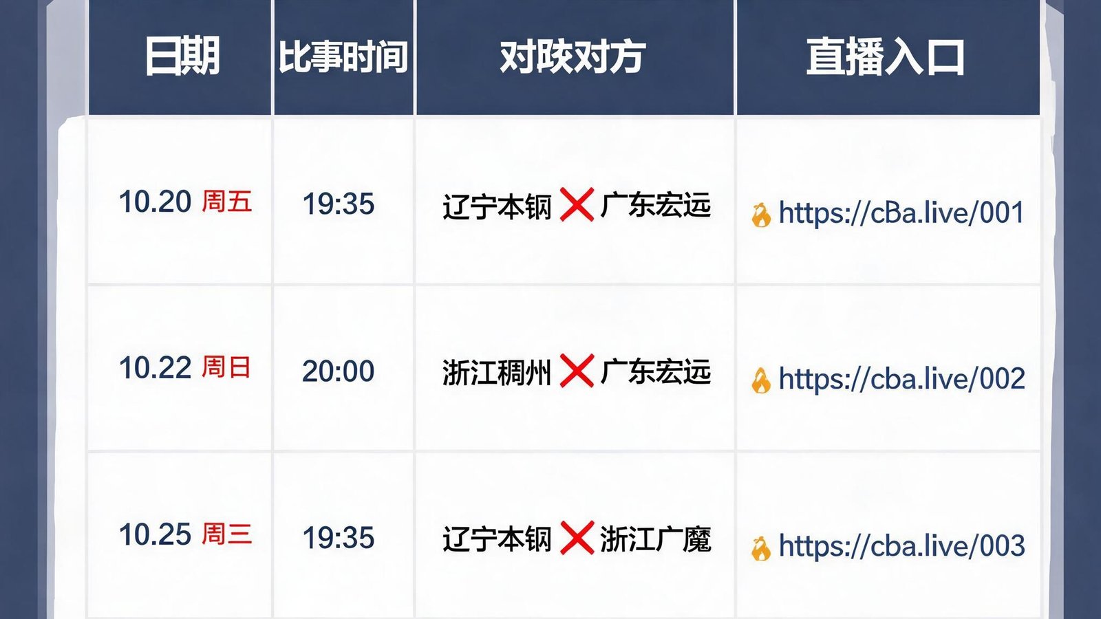 CBA赛程列表，包含辽宁队、广东队等焦点赛事预告，附直播链接