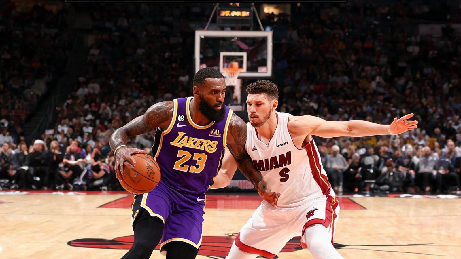 NBA赛场实时比分直播画面，球员激烈对抗，记分牌显示最新分数