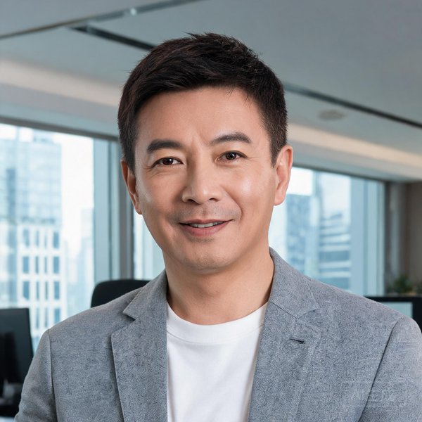 40岁左右男性，创始人兼CEO，身穿休闲西装，面带自信微笑
